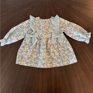 Blue and Yellow Floral Blouse with Ruffled Neckline